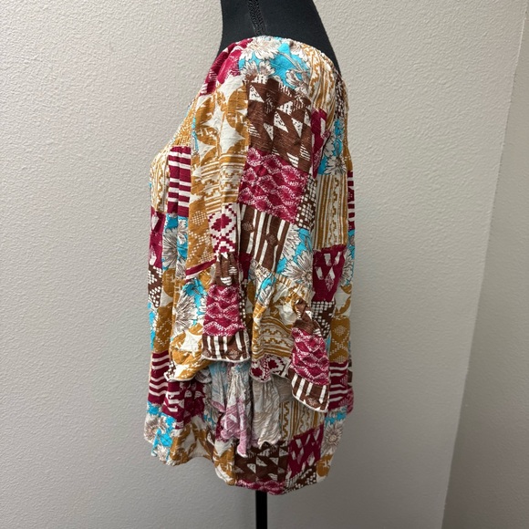 Cato Boho Patchwork Peasant Top Smocked Neck Bell Sleeve Floral Print L - Picture 4 of 10